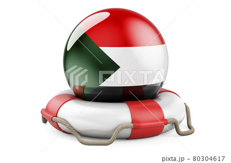 Lifebelt with Sudanese flag. Safe, help and protect of Sudan concept. 3D rendering Lifebelt with Sudanese flag. Safe, help and protect of Sudan concept. 3D rendering 80304617