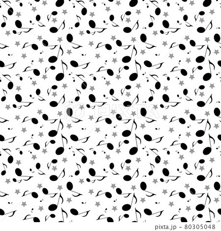 Black musical notes and gray stars are randomly scattered over a white background. 80305048
