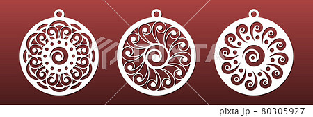 Laser cut mandala set. Christmas balls, coasters, pendants. CNC cutting stencil for diy craft, paper art, fretwork. Abstract geometric pattern in China style. Vector illustration 80305927
