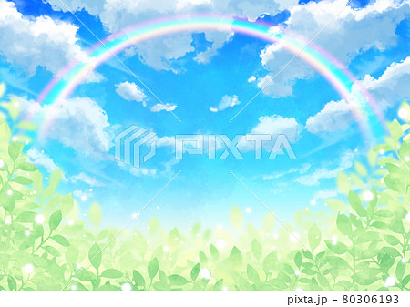虹のかかった青空と雲と輝く葉っぱのイラスト素材