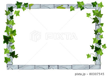 Old stone game frame, vector brick UI border, floral ivy leaf illustration, hanging creeper plant 80307545