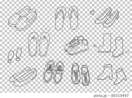 いろんな靴の手描きイラスト（モノクロ） 80310497