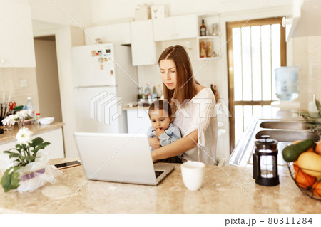 young woman with baby using laptop . Blogger, writer, journalist, student girl working on computer at home. Businesswoman, work from home, distance education, online learning, studying concept. young woman with baby using laptop . Blogger, writer, journalist, student girl working on computer at home. Businesswoman, work from home, distance education, online learning, studying concept. 80311284