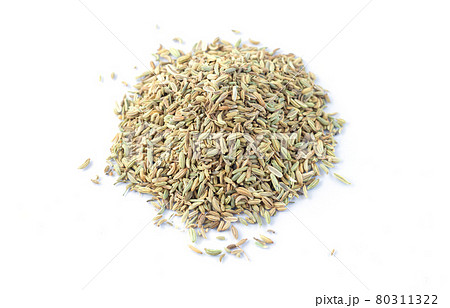 Pile of fennel seeds isolated on white background 80311322