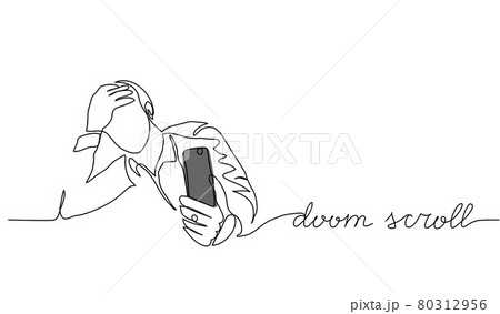 Doom scroll, doomscrolling vector illustration. One line drawing art illustration with lettering doom scroll 80312956
