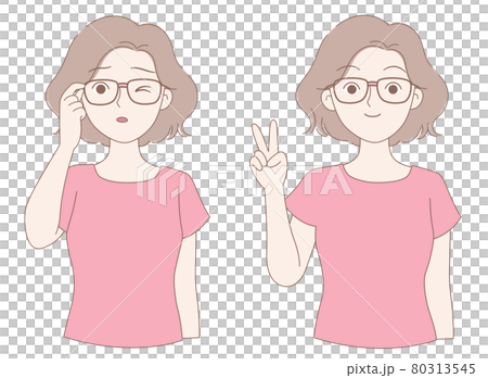 One woman feels uncomfortable wearing glasses, while the other behaves happily 80313545