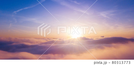 Panoramic view above clouds with beautiful sunset. Panoramic view above clouds with beautiful sunset. 80313773