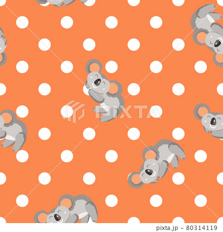 Seamless pattern with cute koala baby and flowers on color polka dots background. Funny australian animals. Card, postcards for kids. Flat vector illustration for fabric, textile, wallpaper, poster 80314119