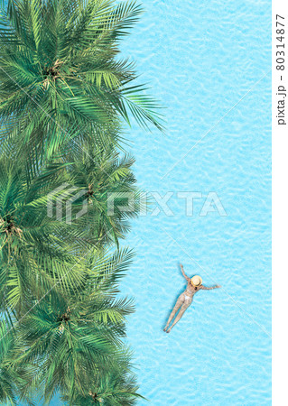 Top view of young woman in bikini and straw hat is swimming in transparent blue sea, lagoon under palm trees. Aerial, drone view. Vertical ratio 80314877