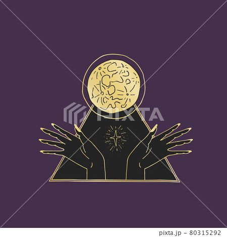 Vintage Mystic Golden Full Moon and female hands inside triangle 80315292
