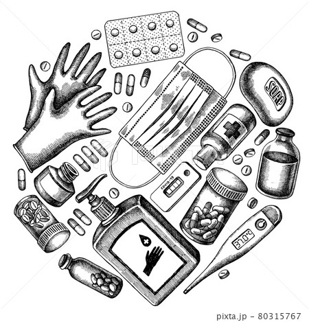Round design with black and white pills and medicines, medical face mask, sanitizer bottles, medical 80315767