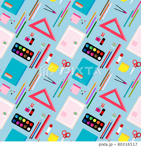 School pattern. Education background. Back to school  seamless pattern. School supplies, objects, compasses, colored crayons, erasers, scissors, paper clips, sharpeners, ruler, glue, notebook 80316517
