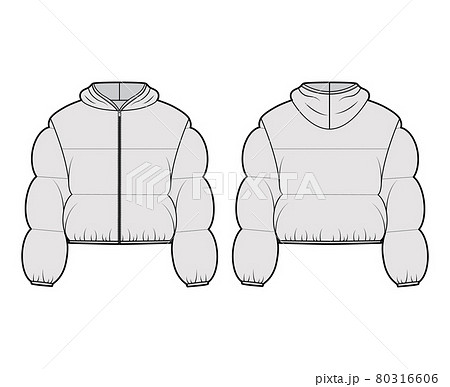 Hooded jacket Down puffer coat technical fashion illustration with long sleeves, zip-up closure, boxy fit, crop length Hooded jacket Down puffer coat technical fashion illustration with long sleeves, zip-up closure, boxy fit, crop length 80316606