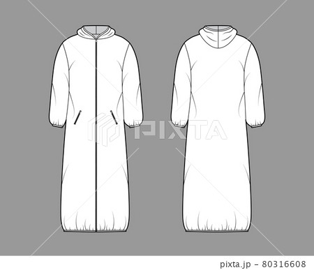 Hooded padded shell coat jacket puffer technical fashion illustration with long sleeves, maxi length, zip-up closure Hooded padded shell coat jacket puffer technical fashion illustration with long sleeves, maxi length, zip-up closure 80316608