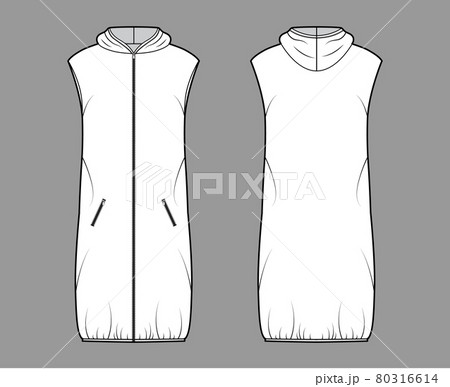 Down vest puffer waistcoat technical fashion illustration with hoody collar, zip-up closure, pockets, loose, knee length 80316614