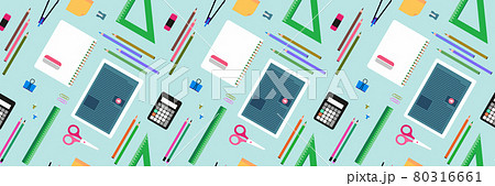 School  pattern. Education background. Back to school  seamless pattern. School supplies, objects, compasses, colored crayons, erasers, scissors, paper clips, sharpeners, ruler, glue, notebook 80316661