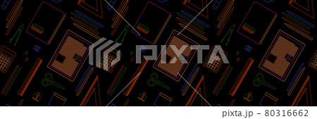 Back to school pattern. Online digital education, school supplies, course concept seamless background design, neon color line art style with computer, notebook, calculator, classroom 80316662