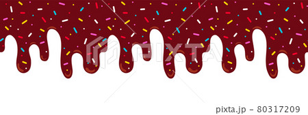 Chocolate ice cream melted with colorful cute candy sprinkles long border, banner seamless pattern, vector white background 80317209