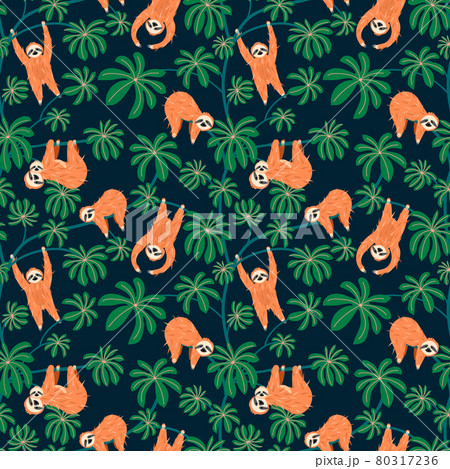 Cute sloth on floral leaves, tree pattern design. Seamless background funny lazy animal Cute sloth on floral leaves, tree pattern design. Seamless background funny lazy animal 80317236