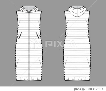 Down vest puffer waistcoat technical fashion illustration with hoody collar, zip-up closure, pockets, loose body 80317964