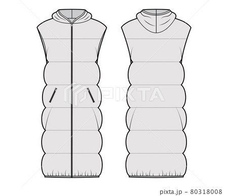 Down vest puffer waistcoat technical fashion illustration with sleeveless, hoody collar, zip-up closure, oversized 80318008