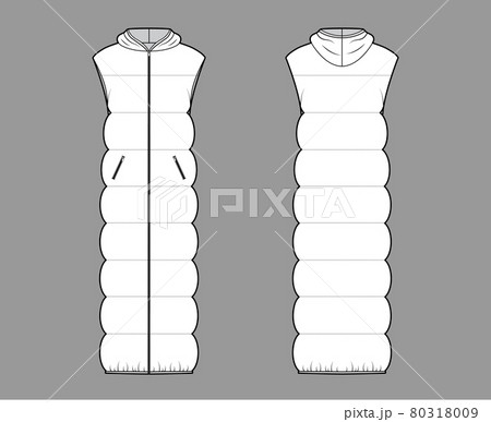 Down vest puffer waistcoat technical fashion illustration with sleeveless, hoody collar, zip-up closure, maxi length 80318009