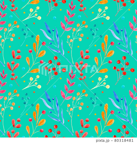 Seamless raster watercolor pattern. Floral ornament made of branches and leaves of different shapes 80318481