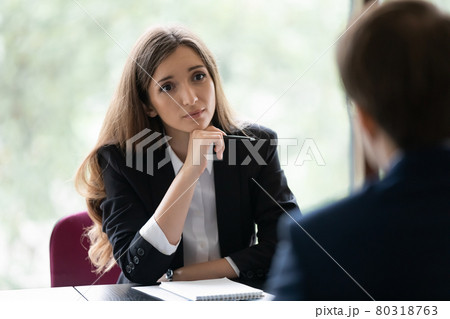 Engaged recruiter, recruit agent talking to job candidate on interview 80318763