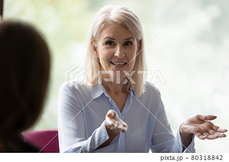 Happy confident mature businesswoman speaking, negotiating on deal at meeting 80318842