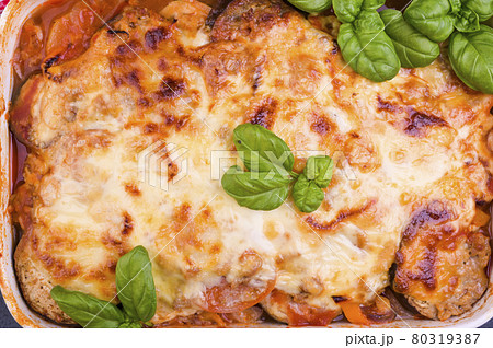 Healthy zucchini lasagna bolognese in a baking dish.Oven baked traditional Italian cuisine with 80319387