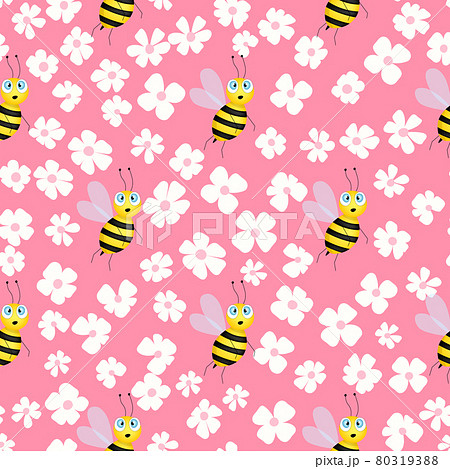 Seamless pattern with bees and flowers on color background. Small wasp. Vector illustration. Adorable cartoon character. Template design for invitation, cards, textile, fabric. Doodle style Seamless pattern with bees and flowers on color background. Small wasp. Vector illustration. Adorable cartoon character. Template design for invitation, cards, textile, fabric. Doodle style 80319388