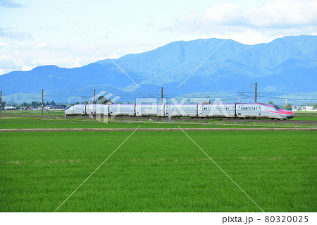 奥羽山脈の真昼山地をバックに田園風景を走るE6系秋田新幹線こまち 奥羽山脈の真昼山地をバックに田園風景を走るE6系秋田新幹線こまち 80320025