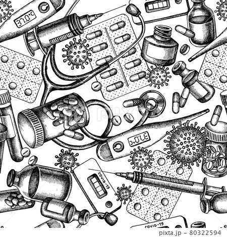 Seamless pattern with black and white vial of blood, pills and medicines, medical thermometer 80322594
