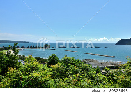 橋杭岩(奥が鯛島・九龍島、右端が大島)　【和歌山県東牟婁郡串本町】 80323643
