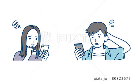 連絡を取る　スマホでやり取りする　若い男女　カップル　若者　困る　不安　悩む　問題　イラスト素材 80323672