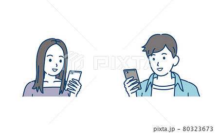 連絡を取る　スマホでやり取りする　若い男女　カップル　若者　笑顔　携帯電話　イラスト素材 80323673