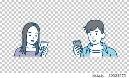 連絡を取る　スマホでやり取りする　若い男女　カップル　若者　笑顔　携帯電話　イラスト素材 80323673