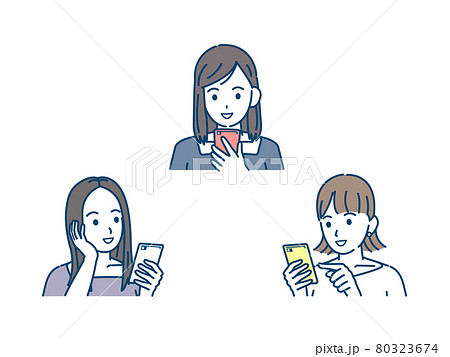 連絡を取る　スマホでやり取りする　若い女性達　友達　若者　笑顔　携帯電話　イラスト素材 80323674