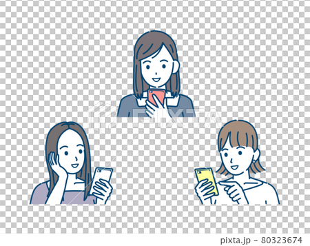 連絡を取る　スマホでやり取りする　若い女性達　友達　若者　笑顔　携帯電話　イラスト素材 80323674
