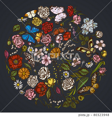Round floral design on dark background with shepherd's purse, heather, iris japonica, sakura Round floral design on dark background with shepherd's purse, heather, iris japonica, sakura 80323948