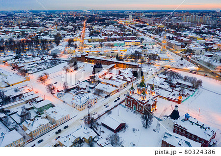 Aerial view of Kolomna cityscape with Kremlin on winter evening Aerial view of Kolomna cityscape with Kremlin on winter evening 80324386
