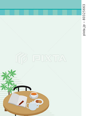 カフェのテーブル 本と紅茶とクッキー パキラ オーニング サンシェード シンプルな壁紙背景素材のイラスト素材