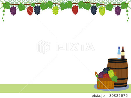色とりどりのブドウ棚 ワイン 樽 収穫のバスケット シンプルな壁紙背景テンプレートのイラスト素材