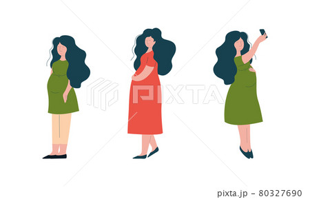 Pregnant Woman Lifestyle with Happy Expectant Mother During Pregnancy Walking and Taking Selfie Vector Set 80327690