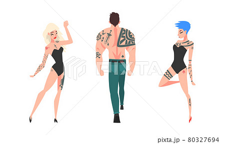 Tattooed or Inked Man and Woman in Standing Pose Vector Set 80327694