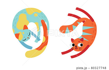 Cute Bright Whiskered Cat as Furry Domestic Pet Vector Set 80327748