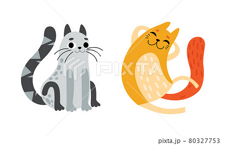 Cute Bright Whiskered Cat as Furry Domestic Pet Vector Set 80327753