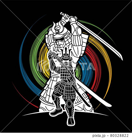 Samurai Warrior with Weapons Group of Ronin Japanese Fighter Cartoon Graphic Vector 80328822