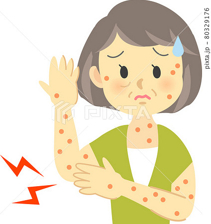 イラスト素材 新型コロナウイルスワクチン接種等の注射後の副反応の症状 シニア女性のイラスト素材