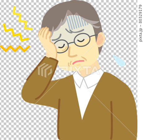 Illustration material: Poor physical condition series: An elderly man complains of illness by putting his hand on his forehead due to a headache. 80329179